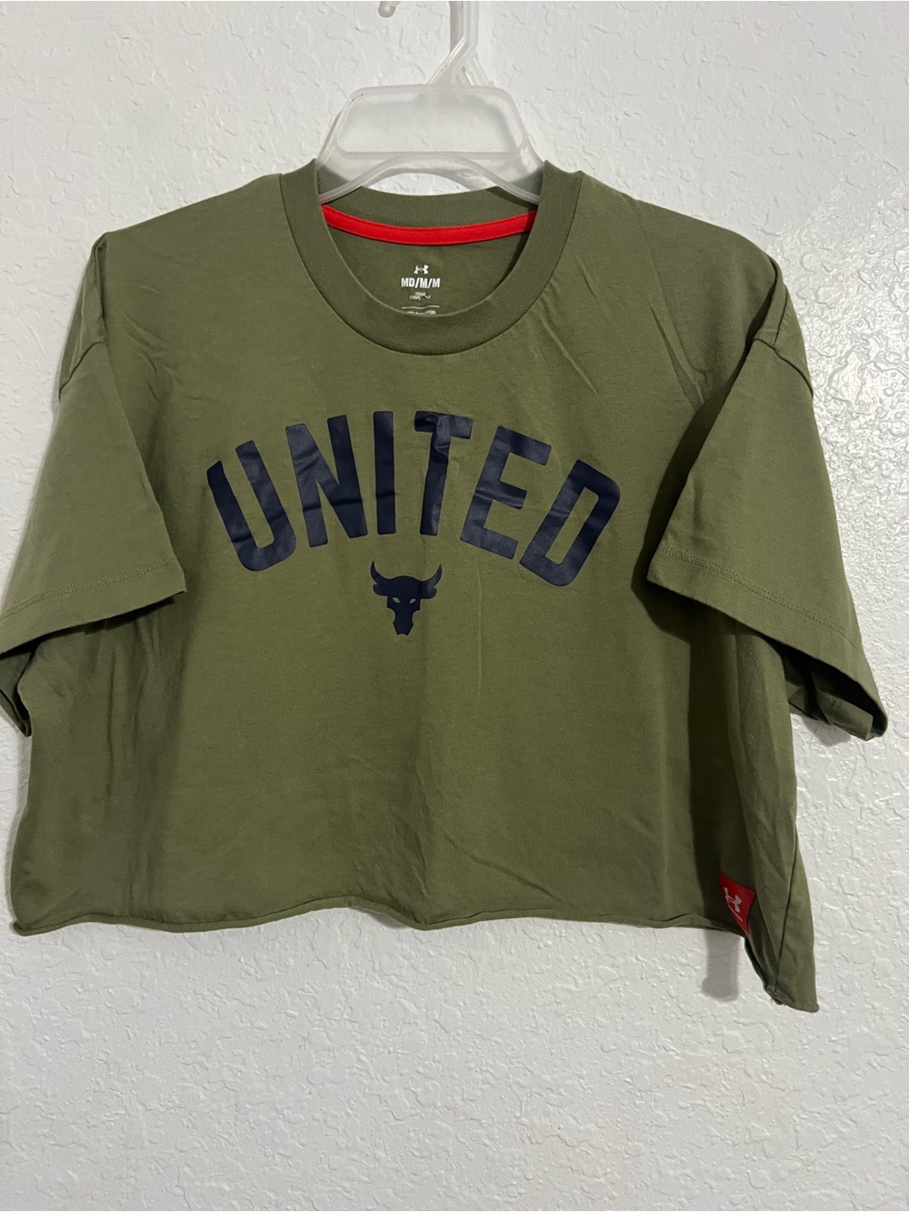 Under Armour Loose Fit Crop Top Olive Green UNITED Print Size M #632